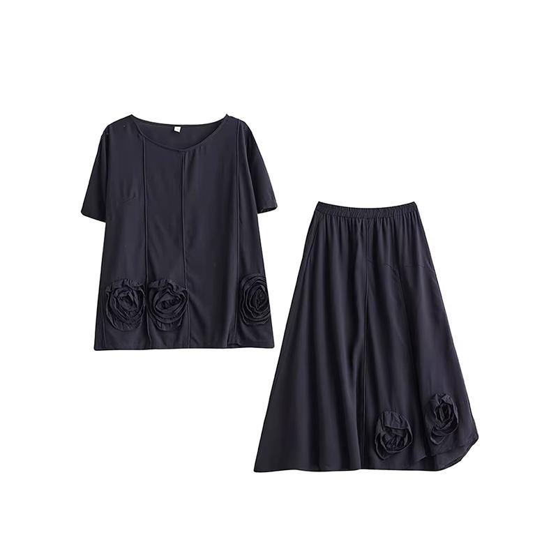 

XITAO Floral O-neck Asymmetrical Matching Set GYX1573 One Size чёрный