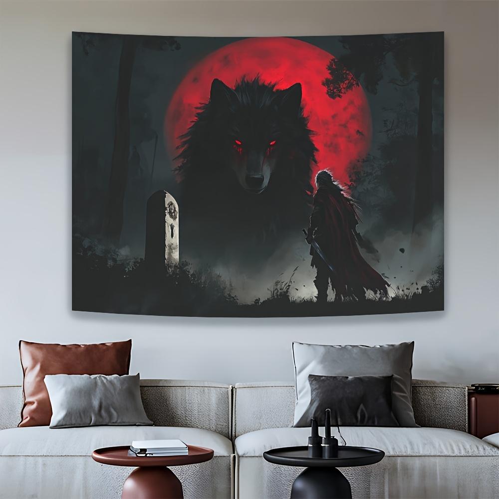 1pc Glam Style Polyester Wall Tapestry, Red-Eyed Long-Haired Black Wolf and Silhouette of Sword-Wielding Old for Man, Da