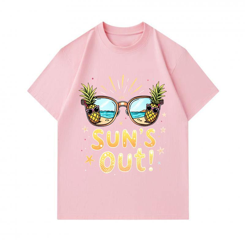 Men's 100% Cotton Crew Neck Short Sleeve T-Shirt, Funny Sun's Out Pineapple Sunglasses Beach Printed Casual Summer Holiday Tee Tops