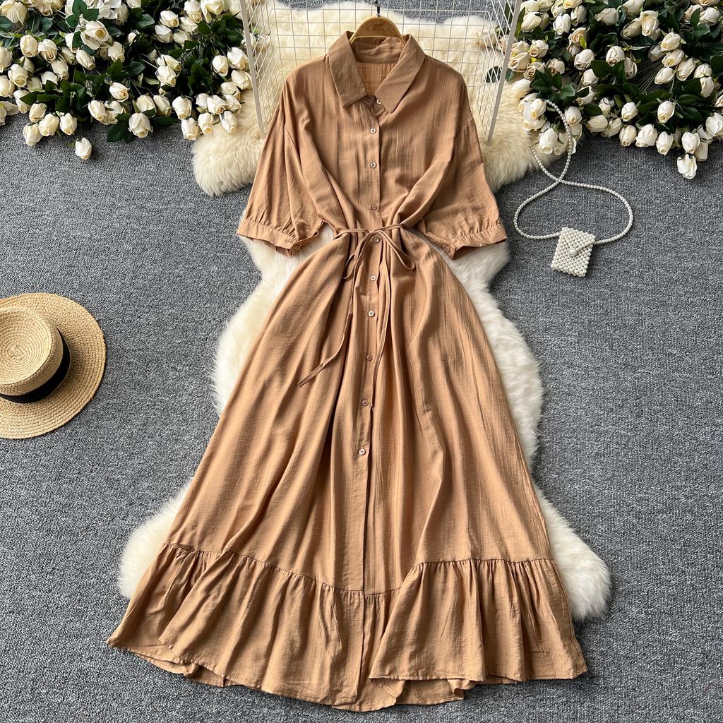 Sexy Chic Polo-Neck Single Breasted Ruffle Dress Elegant Korean Fashion Slim Summer Vintage Sweet Dresses