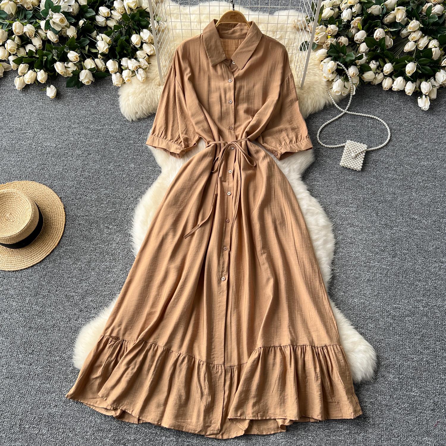 

Сексуальное шикарное однобортное платье с рюшами и воротником-поло, элегантное корейское модное облегающее летнее винтажное милое платье One Size хаки