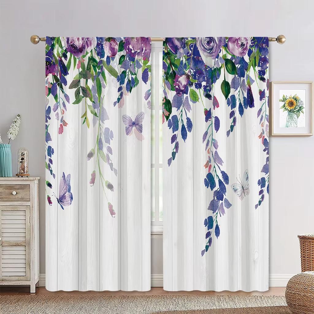 2 Panels European Pastoral Style Minimalist Wind Plant Curtains, Green Leaf Flower Curtains for Living Room, Bedroom, Decorative