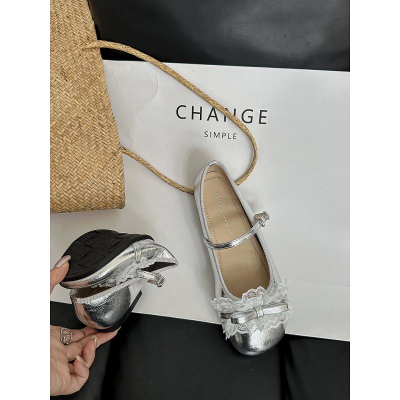 Summer New Silver Mary Jane Shoes Women's Light Mouth Word with Cute Round Head Gentle Flat Shoes