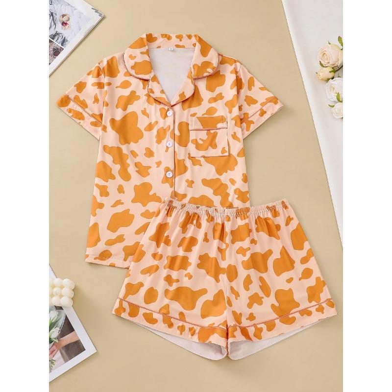 Two-piece set of women's pajamas lapel top and trousers cow pattern summer casual women's pajamas home wear