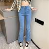 MODIQUE Autumn Plus Size New Women Basics Elastic Bell-Bottoms Full Length Flare Pants Lady High Waisted Casual Long Denim Jeans
