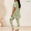 Women Plus Size Floral Printed Two Piece Set Round Neck Short Sleeve Light Green Fitted Long Pants Set