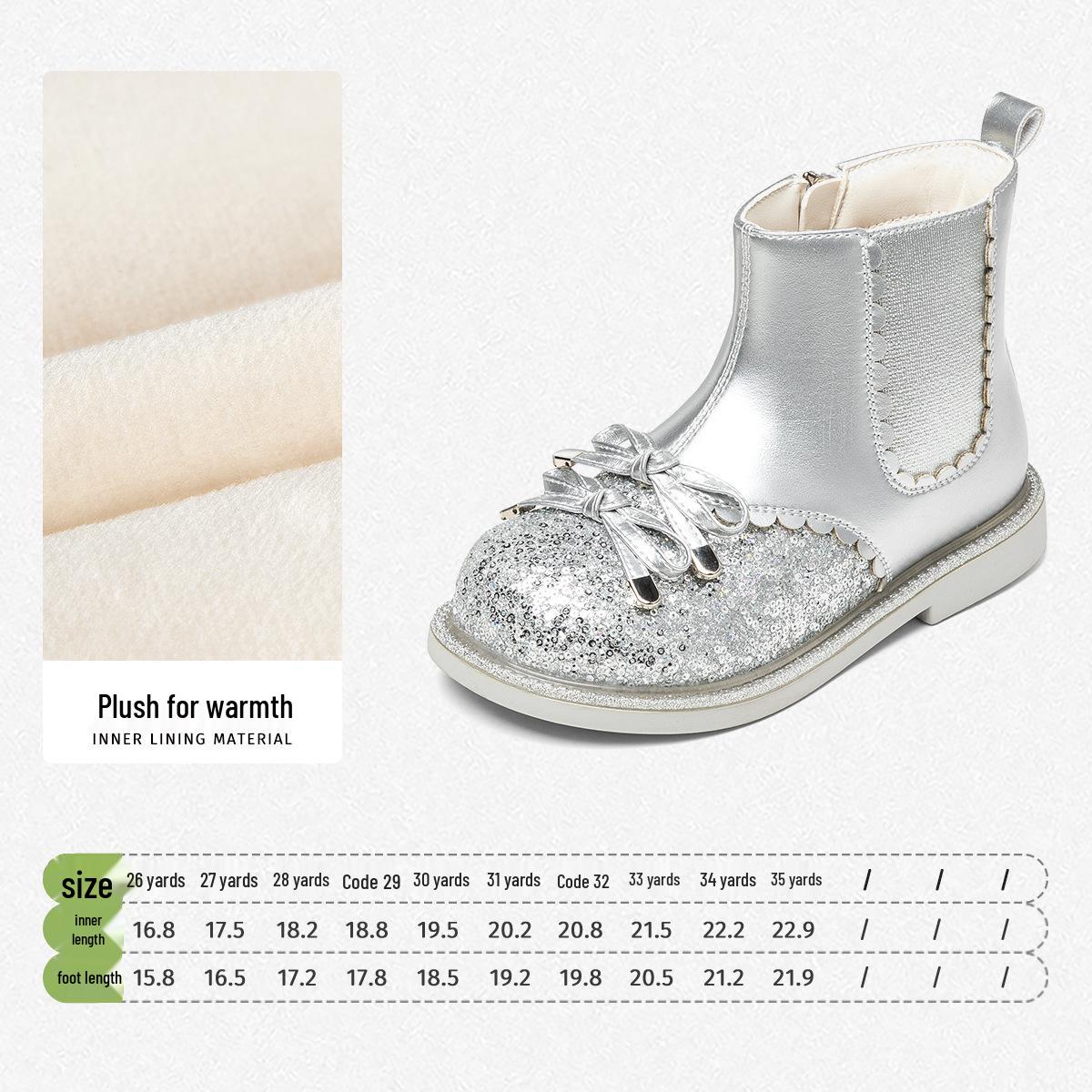 

Snuffy Crystal Short Boots for Girls - 2025 Winter Princess Sparkly Shoes with Velvet Lining and Fashionable Leather Design. 27