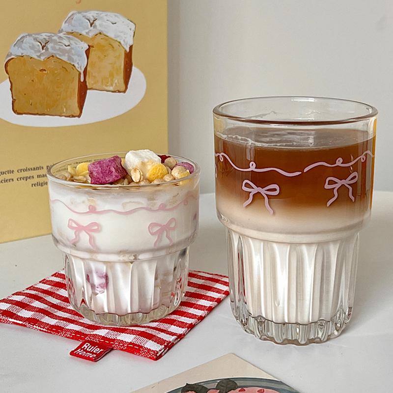 500ml/16oz Cute Bow Glass Cup Tumbler Summer Water Bottle Bow With Lids Straw Coffee Cups for Bubble Tea Iced Coffee Juice Cup