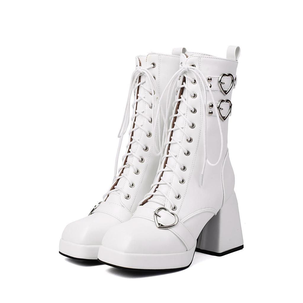 Autumn and Winter High-heeled Platform and Ankle Boots Square Head Front Lace-up Low-tube Martin Boots for Women
