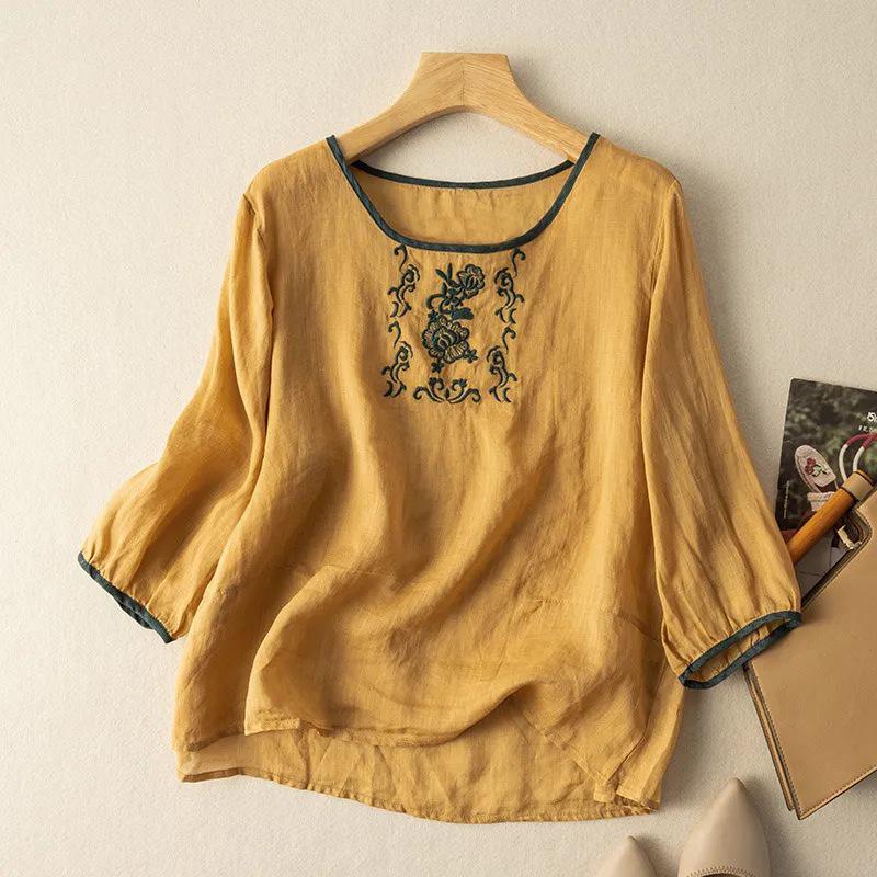 2024 Chinese Style Embroidered Three-Quarter Sleeve Cotton-Linen Pullover