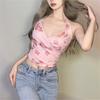 Y2k Pink Mesh Rose Flower Graphic Crop Top Hollow Shoulder Backless Halter T-Shirt Camisole Sexy Cute  T Shirt Bustier Cropped