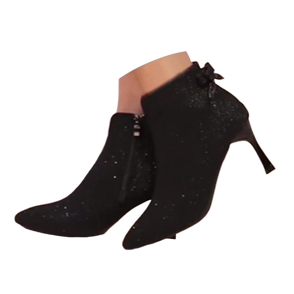 Flat Boots For Women Toe Bowknot Sequined Fabric Fashion Boots Pointed Toe Stiletto High Heel Short Boots For Zapatos De Mujer