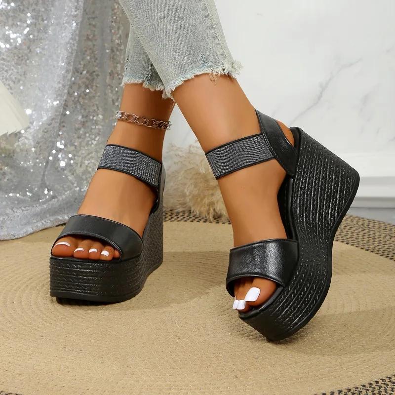 Damenschuhe Elastisches Band Damen Sandalen Mode Runde Zehe Lässige Sandalen Damen Übergröße Plateau Sandalen