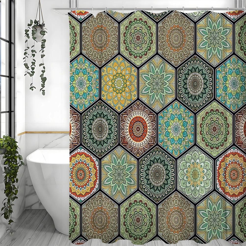 Colorful Bohemian Floral Print Beautiful Bright Shower Curtain, Bathroom Decorative Shower Curtain, Waterproof Shower Curtain wi W90xH180cm
