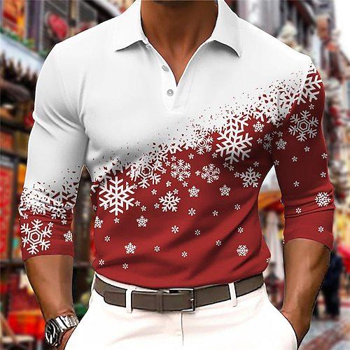 Long Sleeve Polo Shirt with Ornate Snowflake Pattern, Fashionable Casual Top
