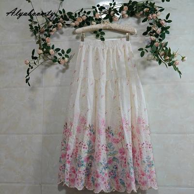 Prairie Chic Spring Summer Women Cotton Long Skirt Elastic Waist Floral Embroidery Delicate Skirt Vintage Elegant Feminine A-Line Skirts