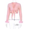 Women Bodycon Cropped Tops Solid Color Shirt  Sexy Short Cropped Top Plunging Neckline Long Sleeve Tops with Fur Cuffs