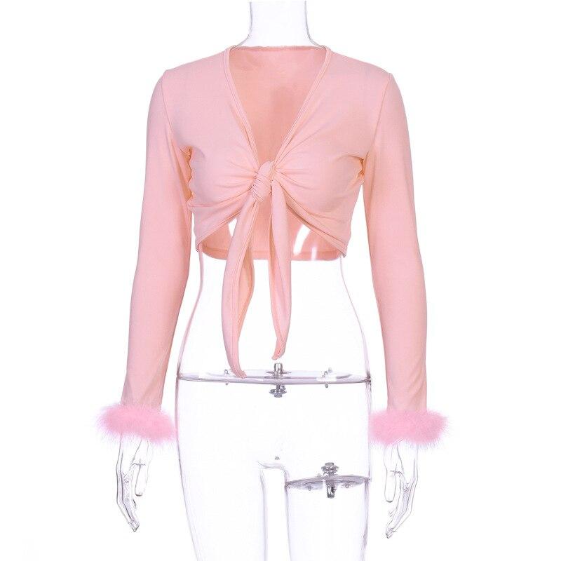 Women Bodycon Cropped Tops Solid Color Shirt  Sexy Short Cropped Top Plunging Neckline Long Sleeve Tops with Fur Cuffs