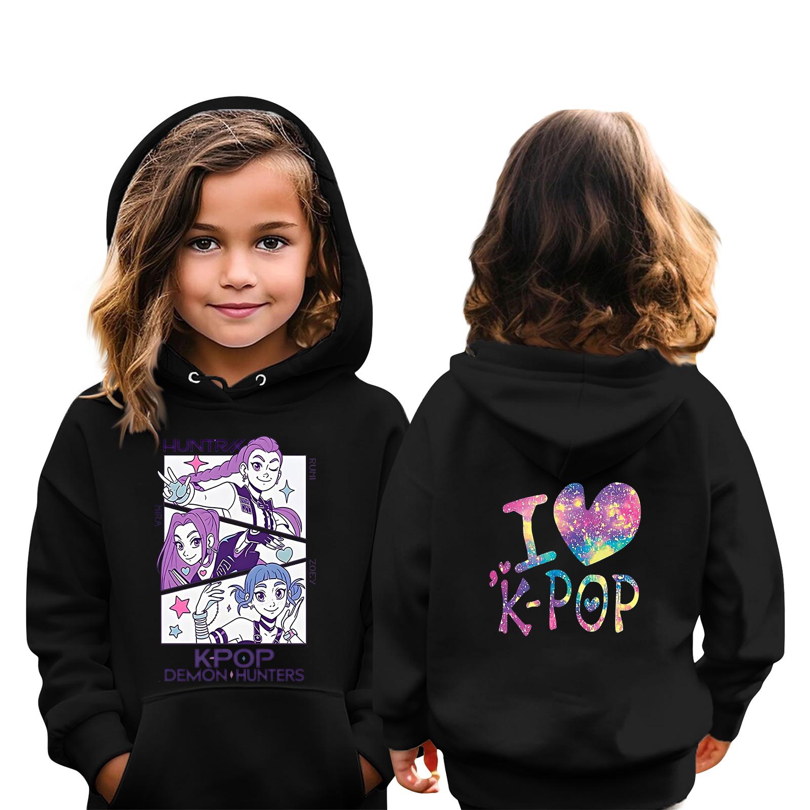 Kids Pullover Hoodie Casual Sweatshirt with Graphic Print Front and Back Long Sleeve Drawstring Hooded Top for Boys and Girls 110 чёрный