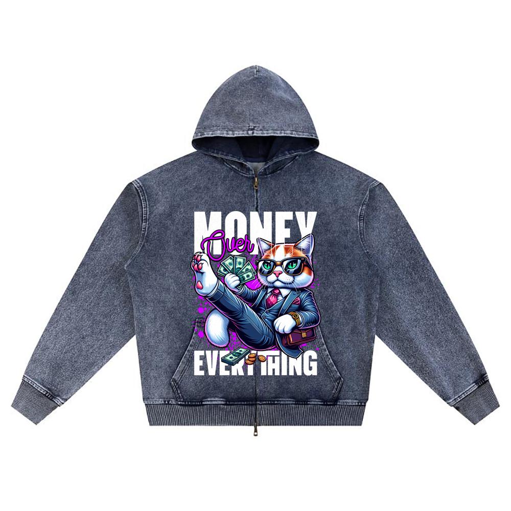 

DTG print Knitted Denim Zip-Up Hoodie Money Over Everything Brother Print Zipper Hoodies XL темно-синий