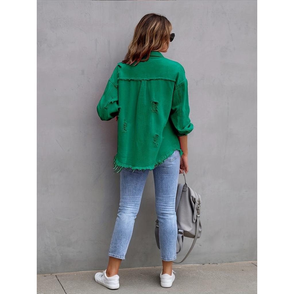 Denim Jacket Women Solid Color Loose,Jacket Hole Breaking Long Sleeve Women's Denim Shirt