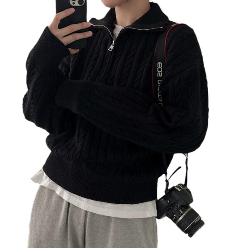 Korean Style Retro Cable Knit Zipper Pullover Sweater - Women's Autumn/Winter 2025 Collection