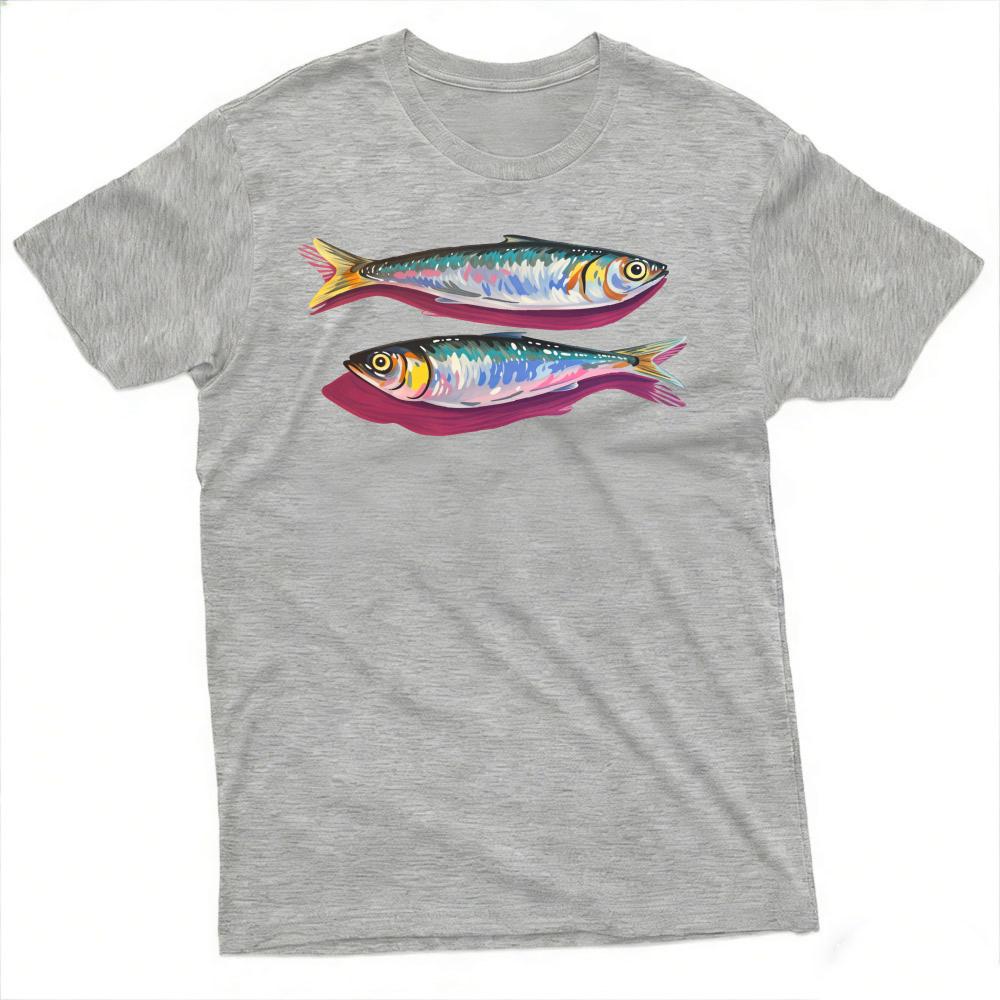 Colorful Sardine Fish Art Unisex T Shirt Summer Watercolor Seafood Cooking Tee Fresh Catch Marine Pattern Streetwear Clothing