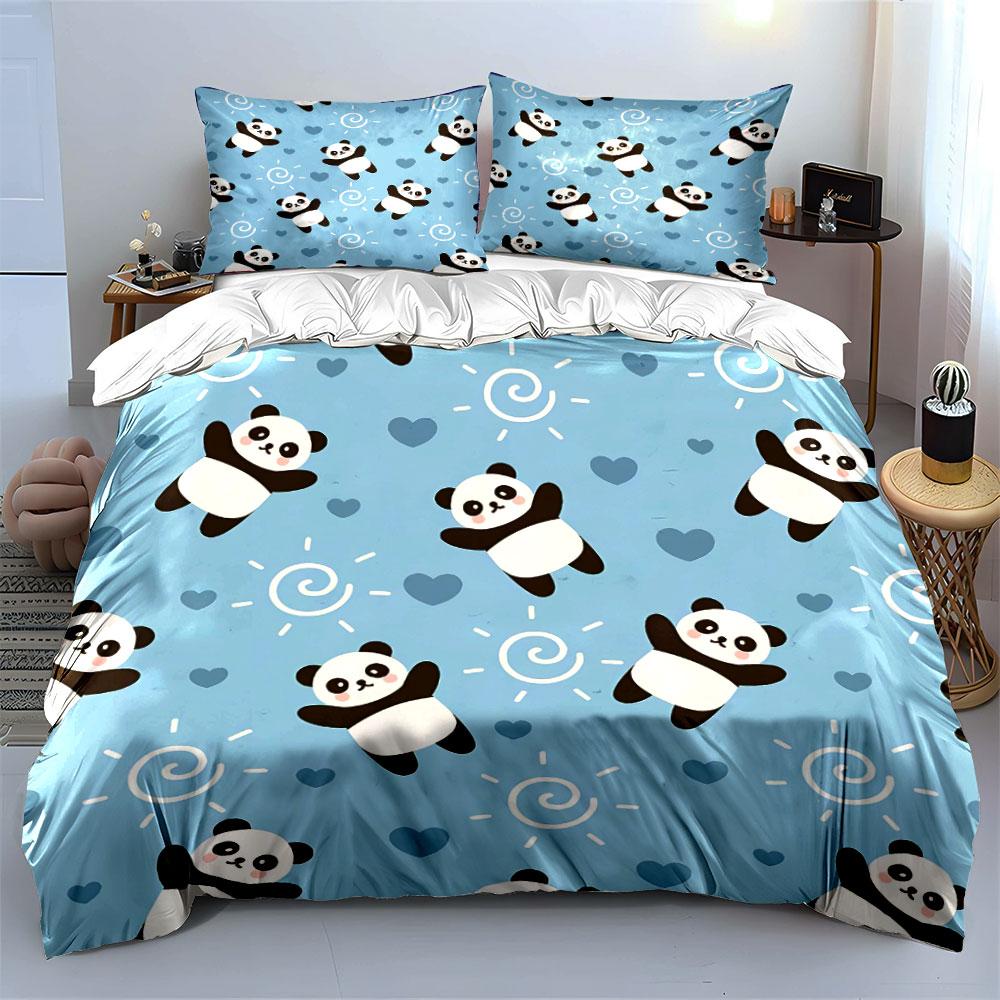 Cute Panda and Hearts Pattern Bedding Duvet Cover Set Duvet Cover Pillowcases (1*Duvet Cover 2*Pillowcases, without duvet insert)
