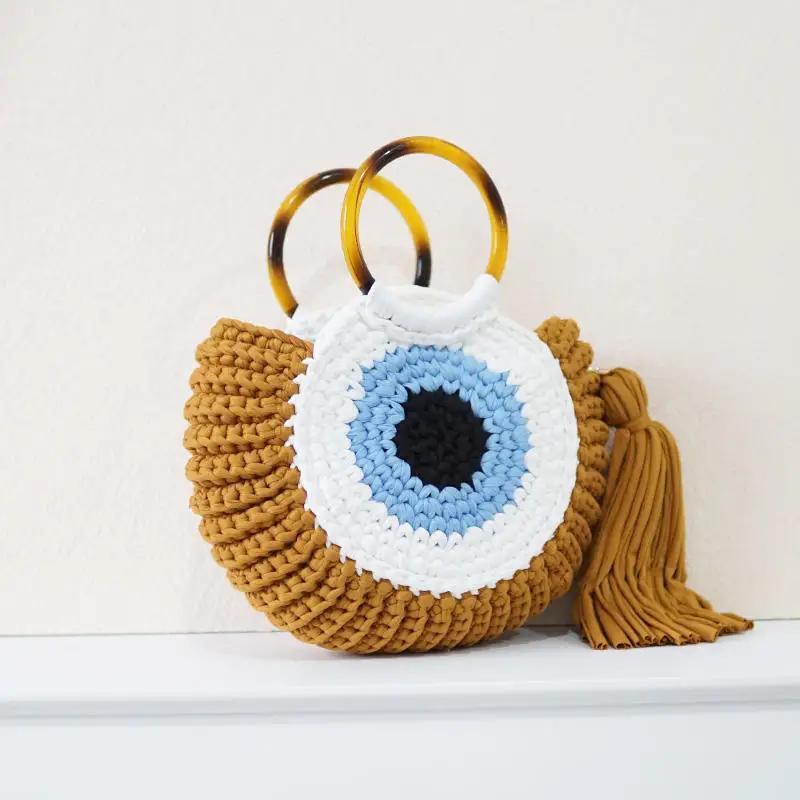 

Rope Crochet Handbags Tassel Eyes Tote Round Handle Clutch Female Handmade Knitting Yarn Beach Bags for Women Woven Shoulder Bag