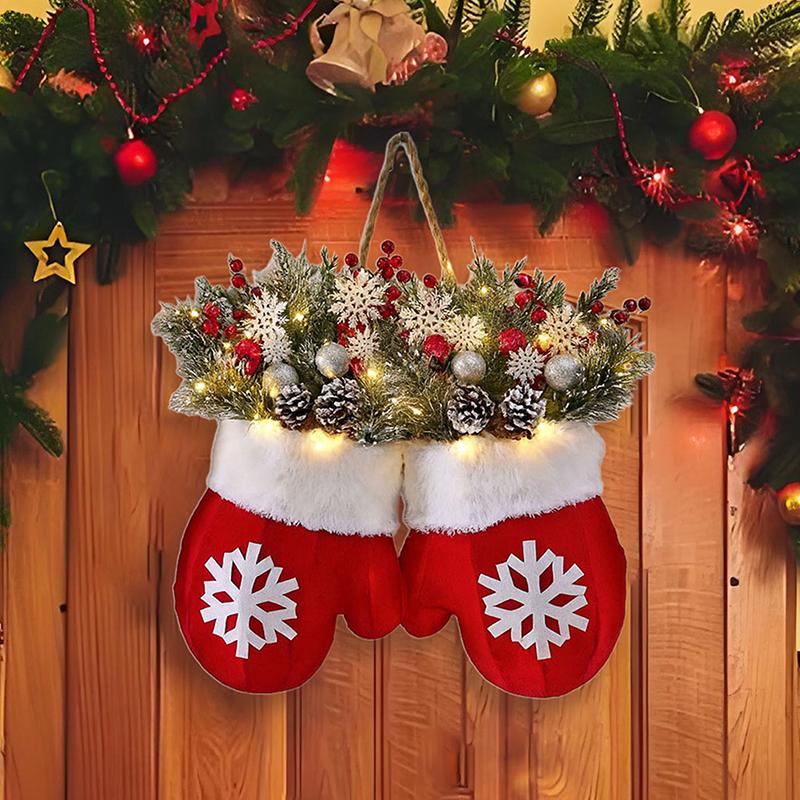 Twinkling Christmas Mitten Wreath With 120 LED Lights & 10H Auto Timer,Christmas Wreath Front Door Artificial Garland