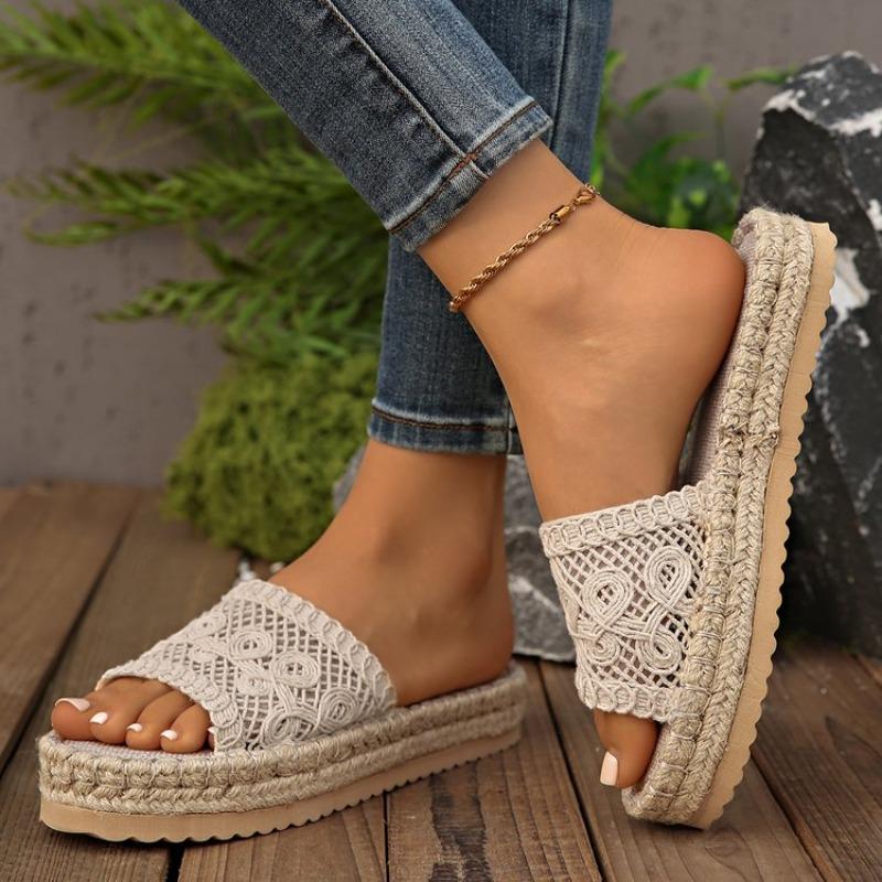 Fashion Ladies' Lace Linen Slippers Women's Sexy Grass Woven Slides Outdoor Light Comfortable Sweet Mesh Handmade Shoes Home EVA Sandals