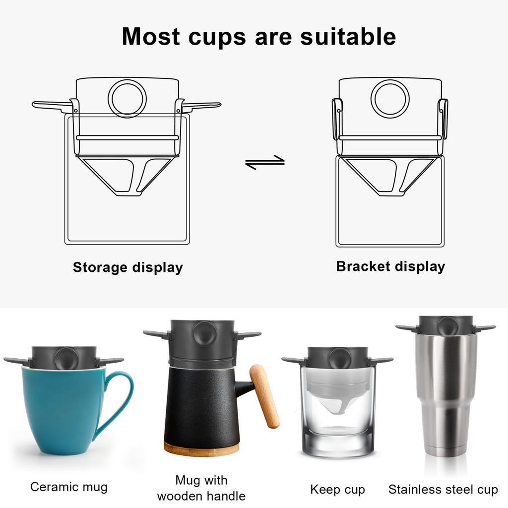 Folding Portable Hand Brewed Coffee Dripper Cone, for Drip Coffee and Tea with Stainless Steel Holder, No Filter Paper