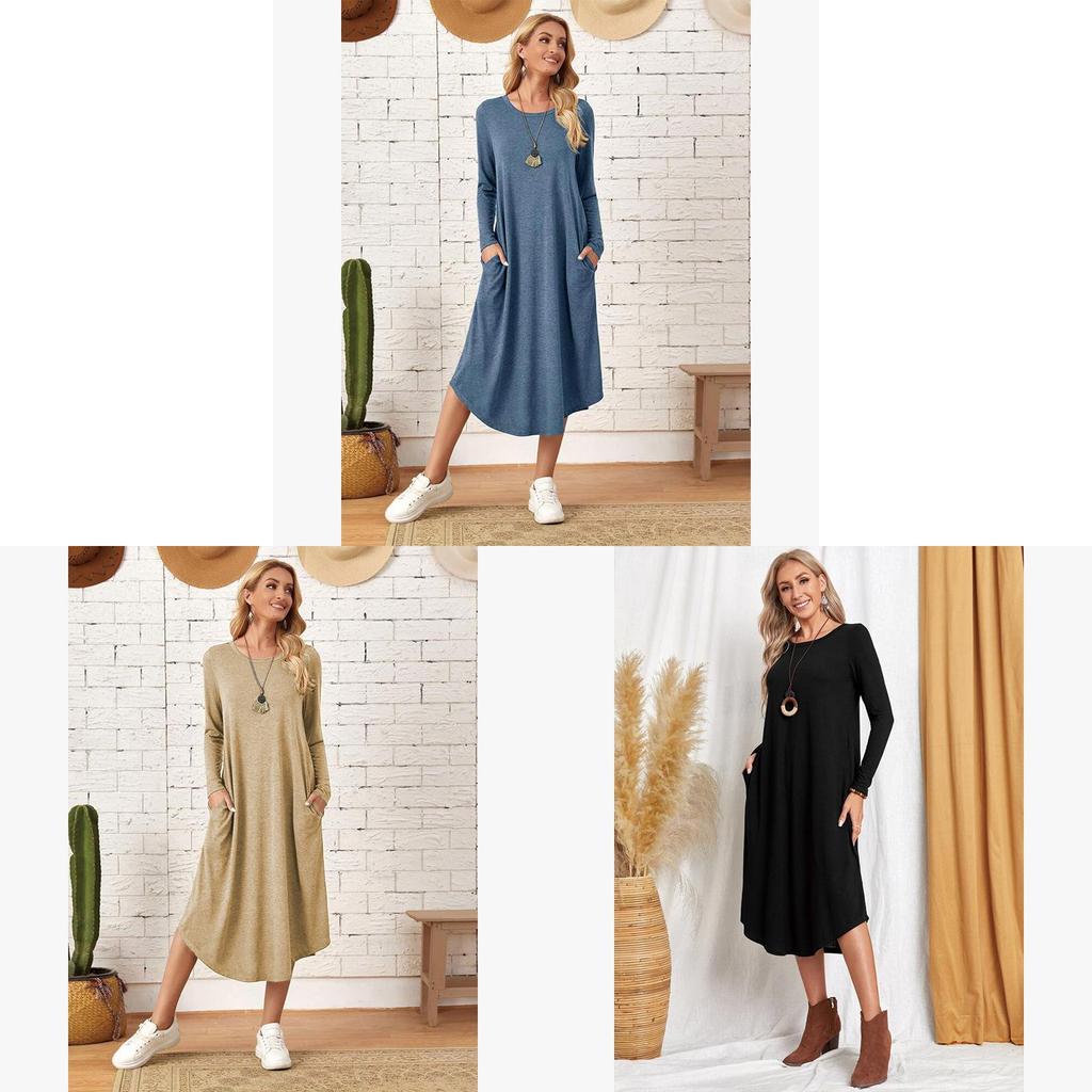 Cotton Long Sleeve A Line Dress With Round Neck For Casual Fall Wear