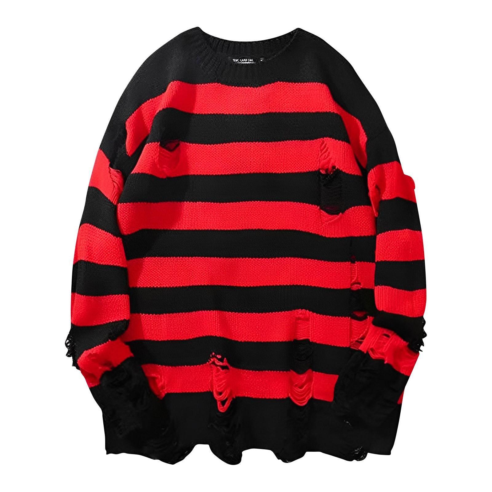 

Женский пуловер с длинным рукавом и круглым вырезом средней длины, рваный полосатый вязаный свитер XL красный