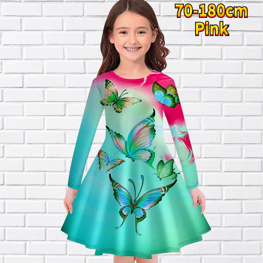 Girl Casual Gradient Butterfly Splicing Print Round Neck Long Sleeve Dress Kid Princess Dress