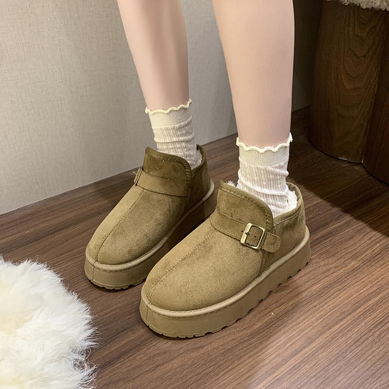 Fashion Metal Buckle Snow Boots Winter New Round Toe Spliced Suede Platform Anti-slip Wear-resistant Flat Cotton Boots