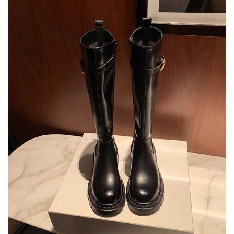 Height increase cm~ round head thick sole thick heel buckle side zipper medium and high knight boots women's boots
