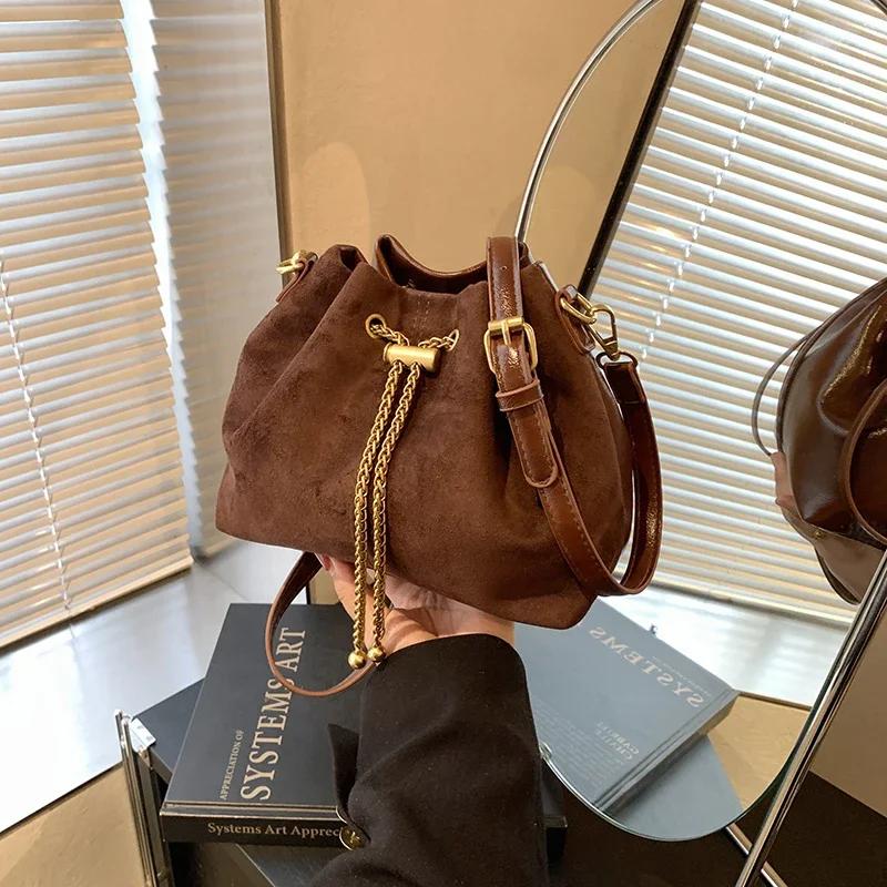 Soft Solid Faux Suede Simple Commuting Crossbody Bags Sewing Sweet Bags for Women Thread String Women's Handbags