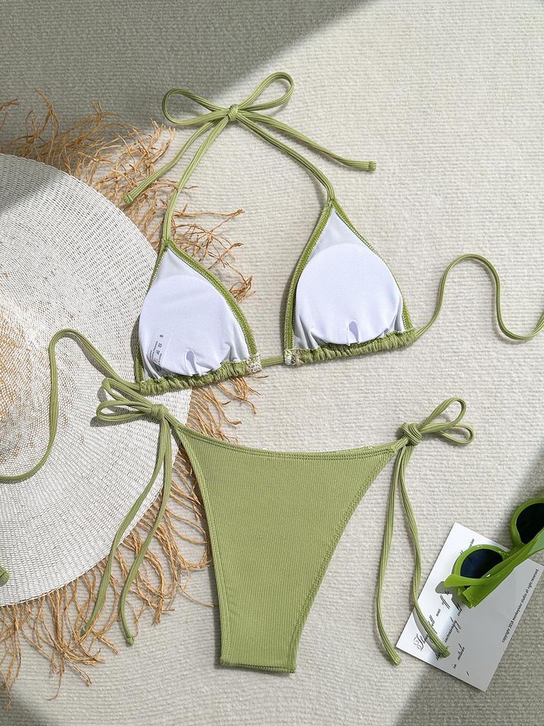 Women's Swimsuit Solid Halter Side Tie Bikini Suit Beachwear Bathing Suits with Shell