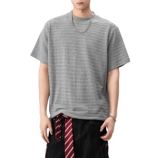 Men T-shirt Round Neck Short Sleeve 3D Striped Jacquard Design Tee Shirt