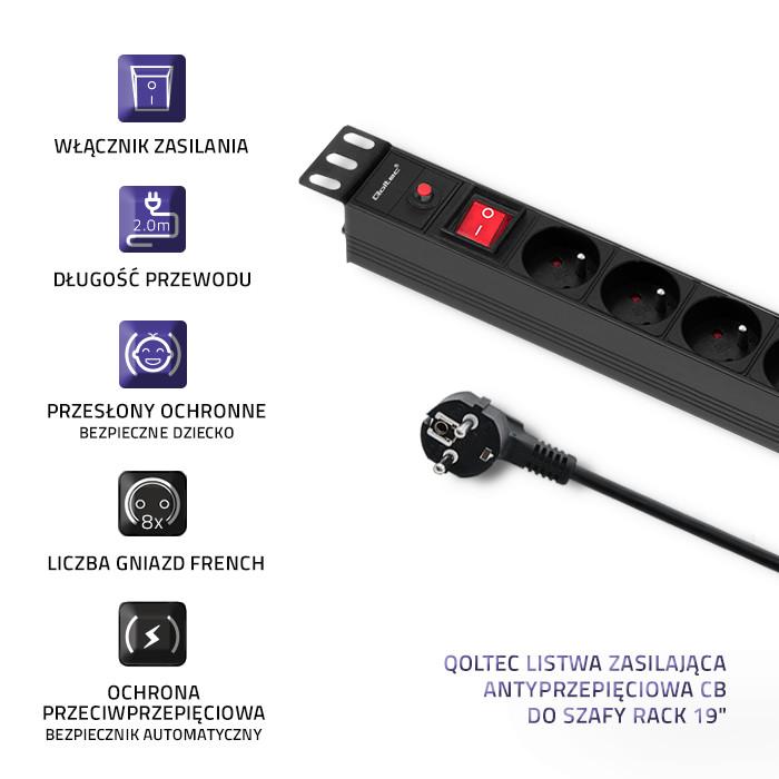 Qoltec Listwa Zasilająca PDU Antyprzeciążeniowa Do RACK 19" | 1U | 16A | 8xFRENCH| 2m