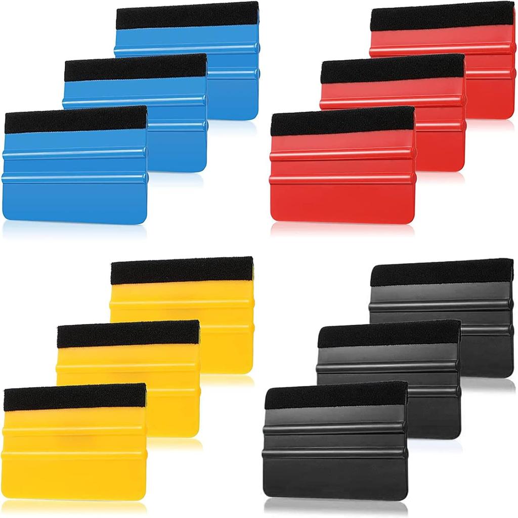 Frienda 12 Pieces Plastic Felt Edge Squeegee Tool Vinyl 4 Inch Felt Squeegee Applicator Tool Scraper Tool with Soft Cloth for Car Vinyl Wrap, Window