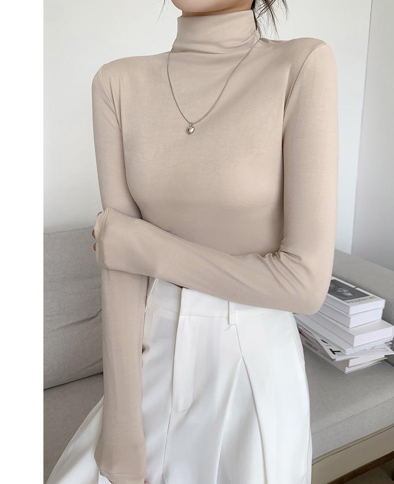 Dámský černý modální top s dlouhým rukávem, slim fit, rolákový základ pro jaro, podzim, zimu 2024.