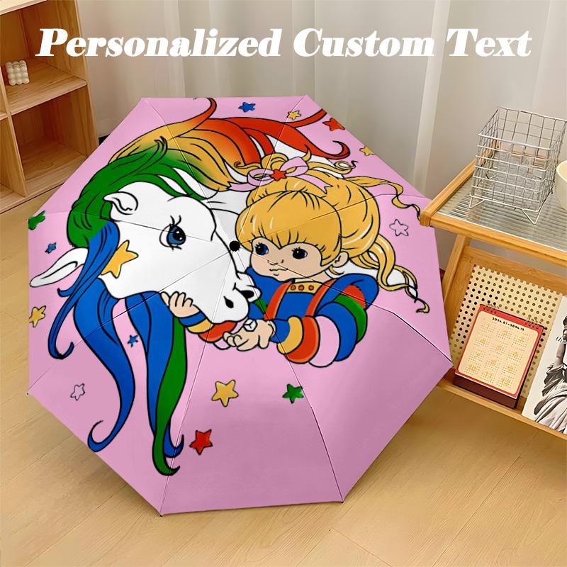 8‑Rib Automatic Umbrella, Rainbow Brite Design Foldable Umbrella for Sun Rain Protection Travel