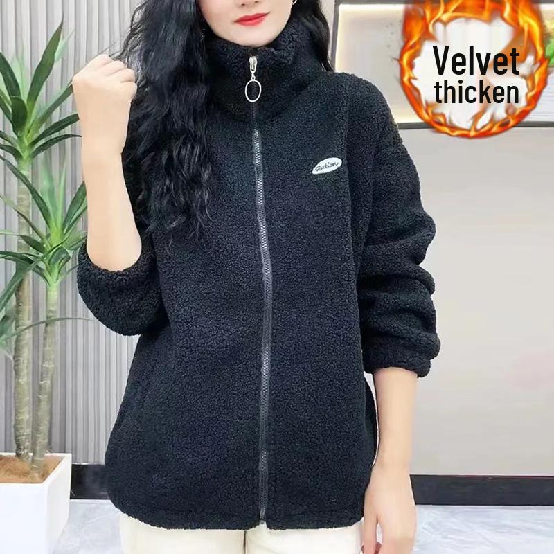 

Плюшевая утолщенная флисовая куртка для женщин среднего и пожилого возраста - Шерсть ягненка, Свободный крой, Воротник-стойка, Однотонная, Повседневный короткий свитшот 4XL (130-145 jin)