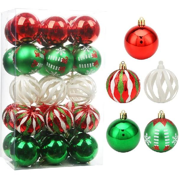 Christmas Tree Ornaments, 30ct Christmas Ball Decoration Set 2.36" Red Green and Gold Christmas Ball Shatterproof Hanging Tree Ornament Set