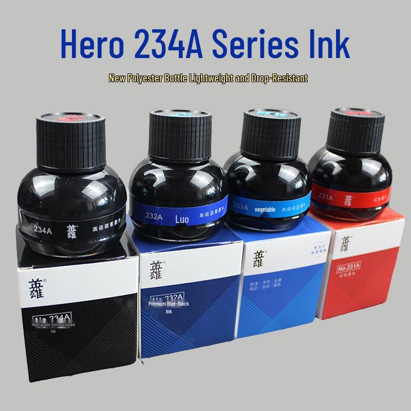 Hero Ink Set: 231A Red, 232A Blue-Black, 233A Pure Blue, 234A Black Carbon, 70ml Fountain Pen Ink.