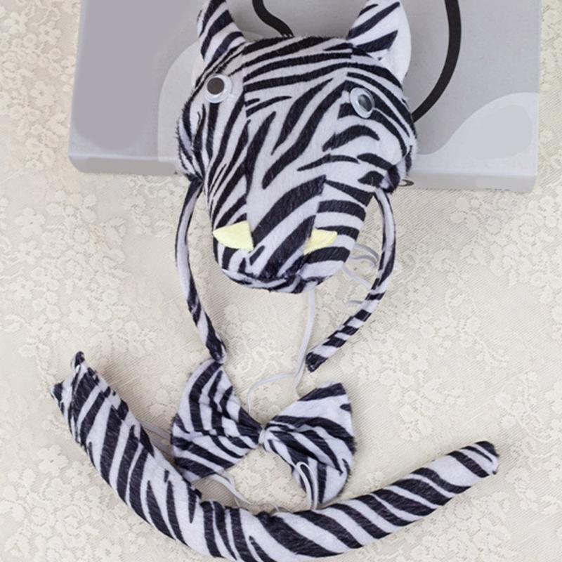 1/3/4Pcs Zebras Costume Set Zebras Ears Headband Tail Bowtie Gloves for Halloween Dress Up Animals Cosplay Costumes