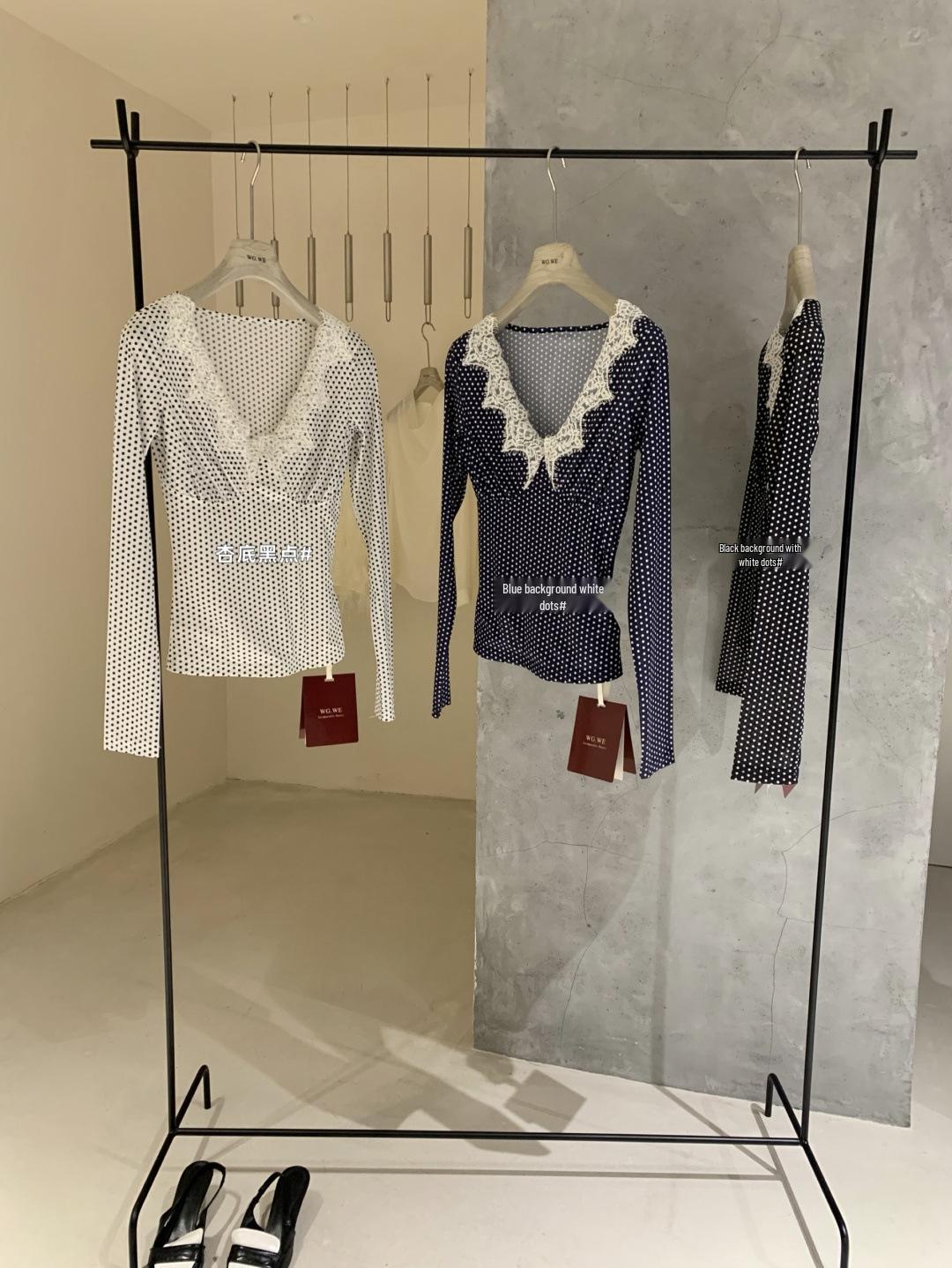 Early Spring Women s Slim Fit Polka Dot V-Neck Lace T-Shirt Small