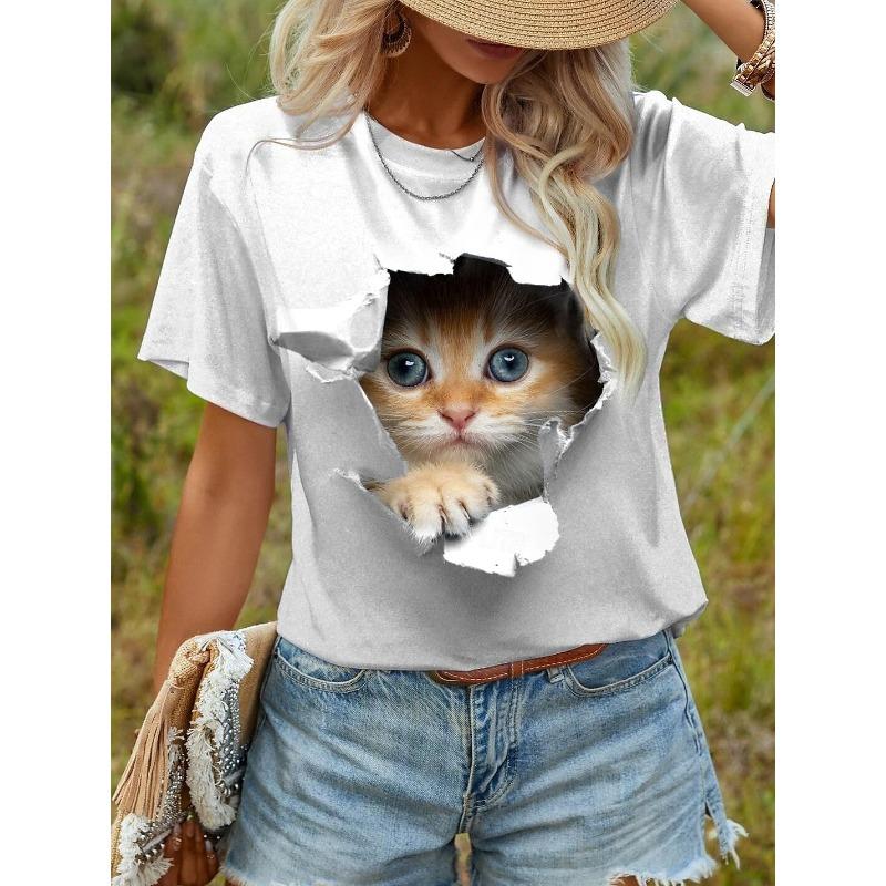 Summer Cute Kitten T-Shirts Kawaii Cat 3D Print Women's Round-Neck Short Sleeve T Shirt Harajuku Tees Y2k Tops Female Clothing